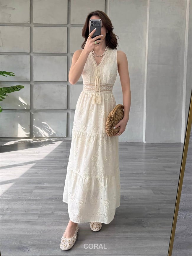 Dantelli Bağcıklı Elbise 39683 Naturel