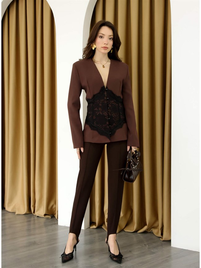 Dantelli Beli Kısa Ceket 251881 Kahve