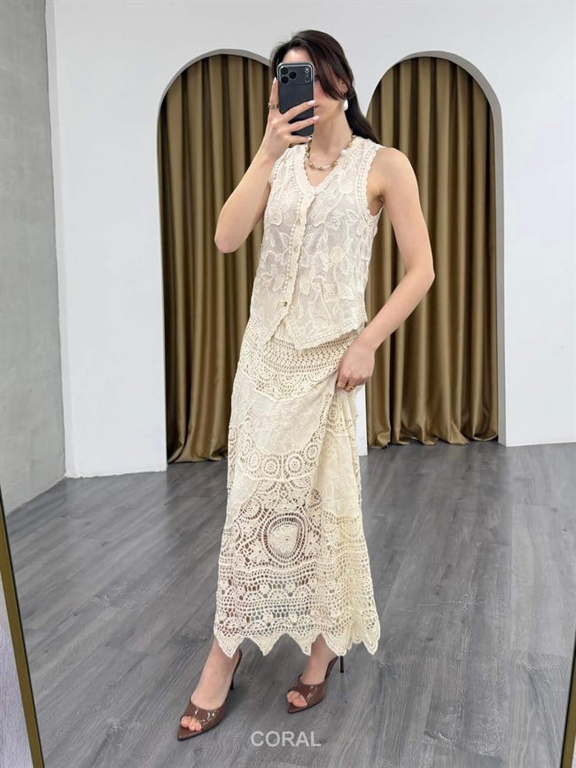 Dantelli Düğmeli Yelek 39742 Naturel