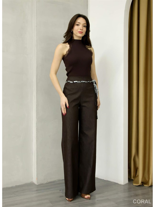 Dantelli Kolsuz Fitilli Tişört 1082 Kahve