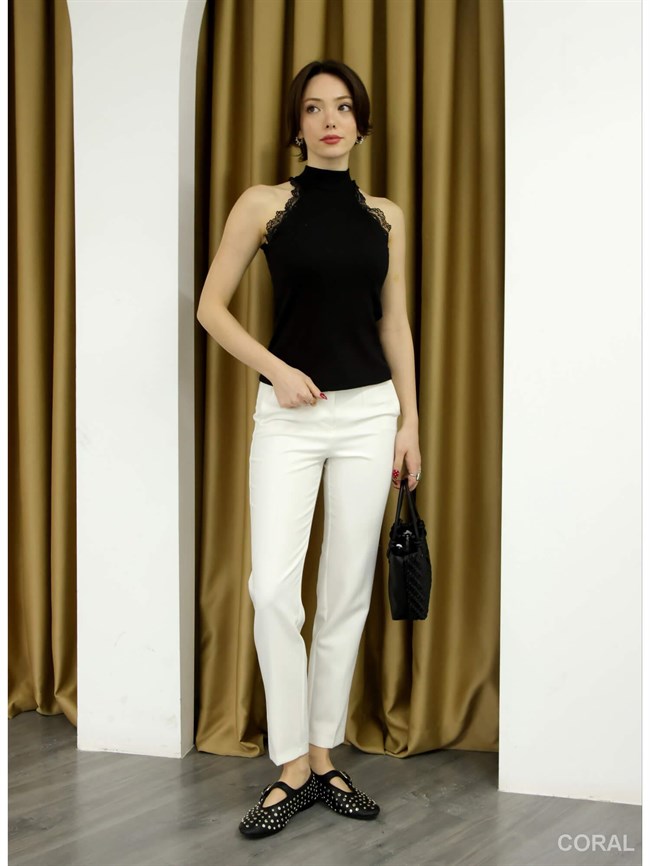 Dantelli Kolsuz Fitilli Tişört 1082 Siyah