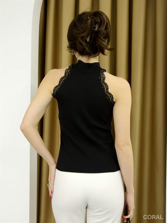 Dantelli Kolsuz Fitilli Tişört 1082 Siyah