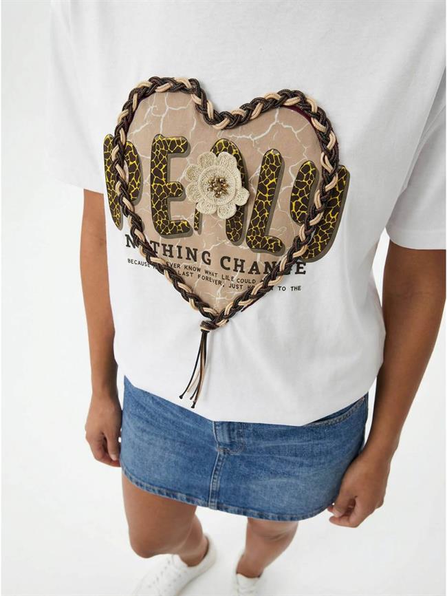 Deri Bağcıklı Kalp Baskılı Tişört 7447 Beyaz