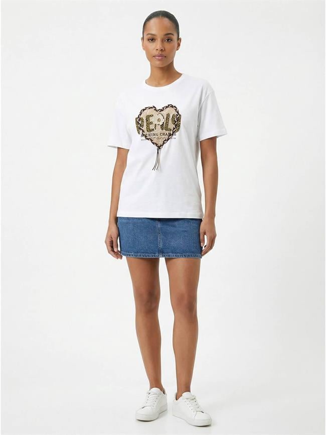 Deri Bağcıklı Kalp Baskılı Tişört 7447 Beyaz