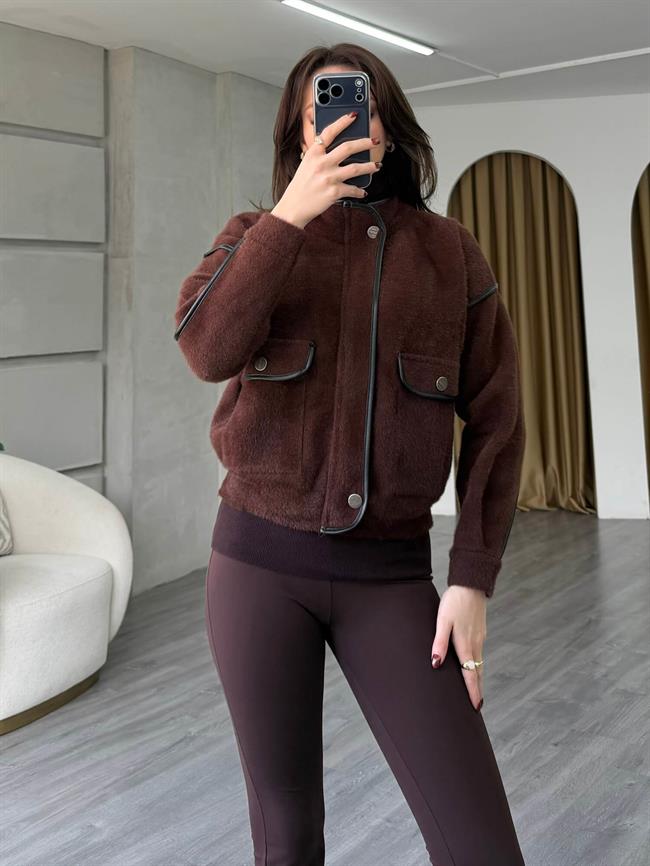 Deri Detaylı Dik Yaka Hırka 140205 Kahve