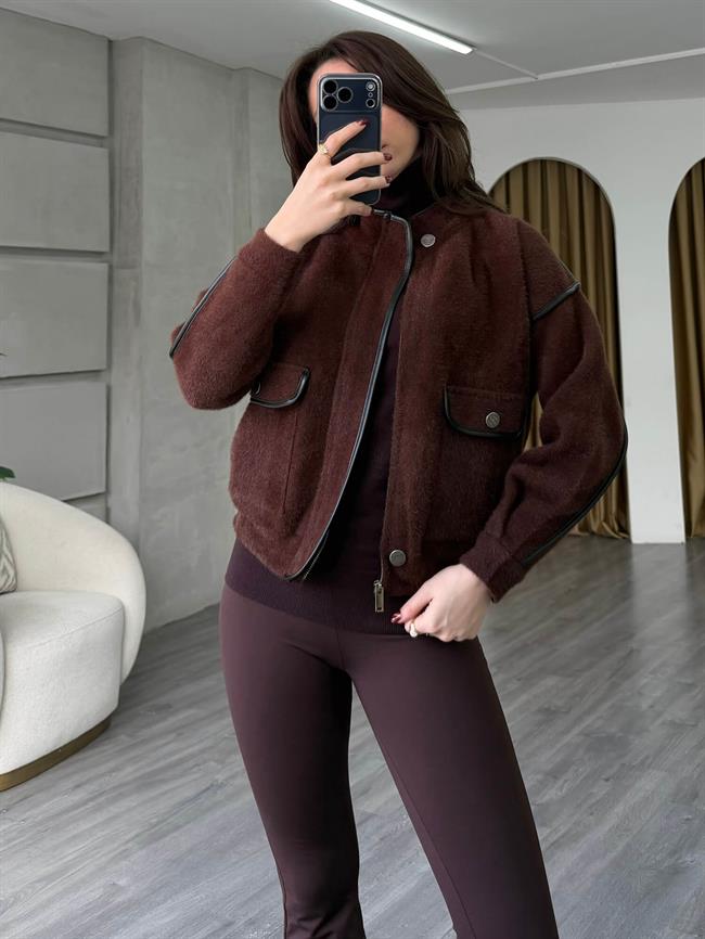 Deri Detaylı Dik Yaka Hırka 140205 Kahve