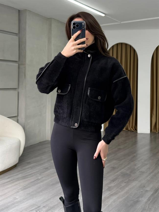 Deri Detaylı Dik Yaka Hırka 140205 Siyah