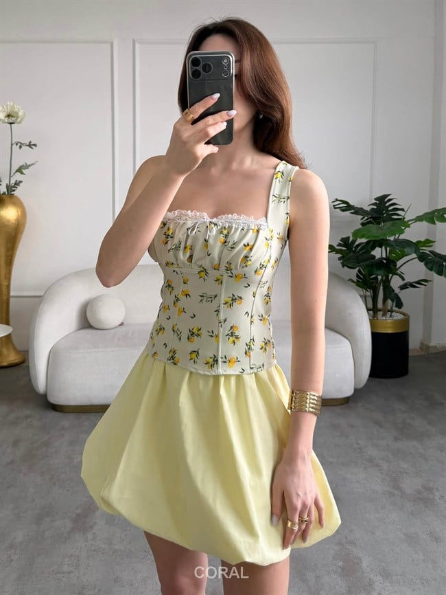 Desenli Askılı Bluz 7987 Limon Mint Yeşili