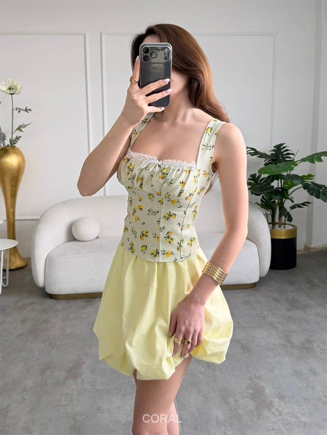 Desenli Askılı Bluz 7987 Limon Mint Yeşili