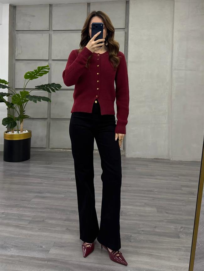 Desenli Düğmeli Yumuşak Hırka 7606 Bordo