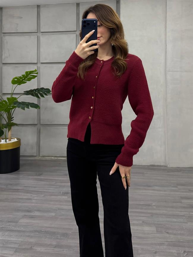 Desenli Düğmeli Yumuşak Hırka 7606 Bordo