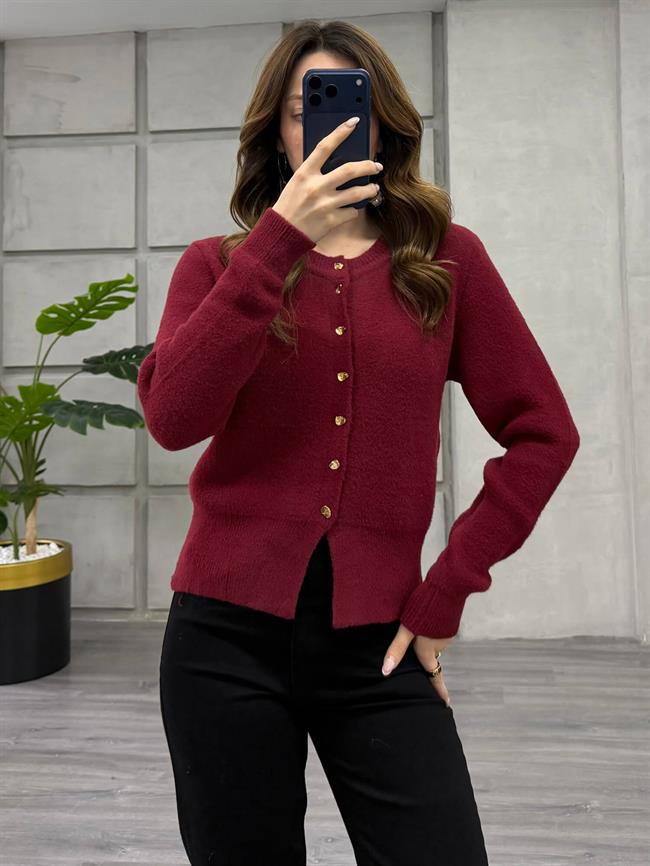 Desenli Düğmeli Yumuşak Hırka 7606 Bordo
