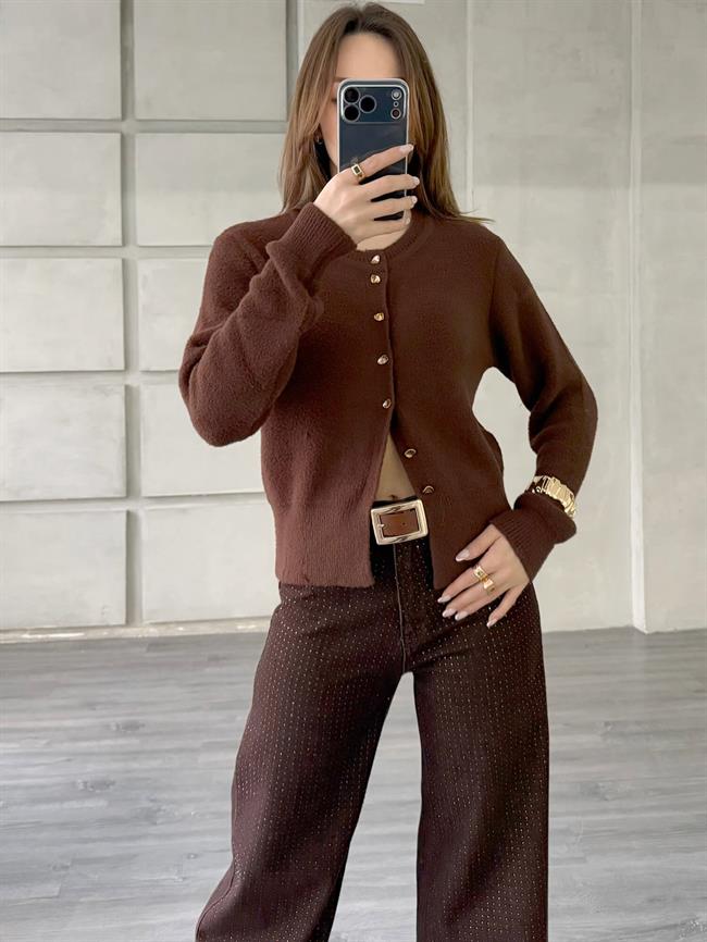Desenli Düğmeli Yumuşak Hırka 7606 Kahve