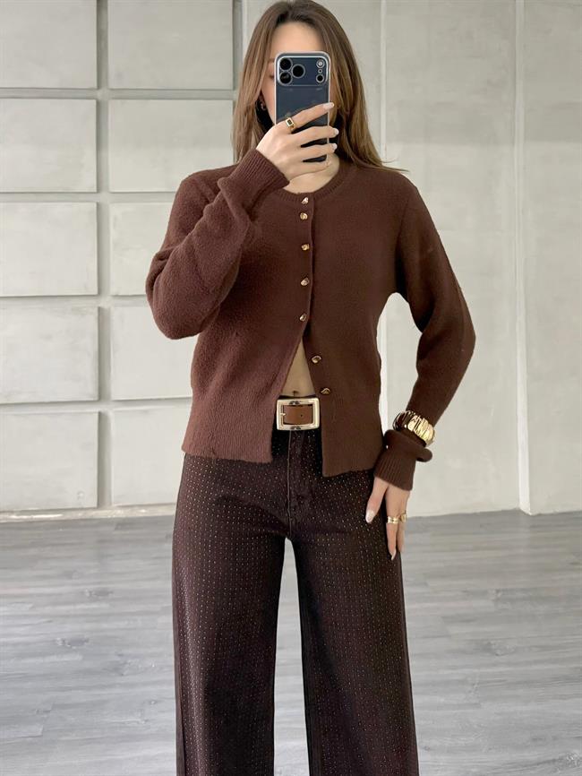 Desenli Düğmeli Yumuşak Hırka 7606 Kahve