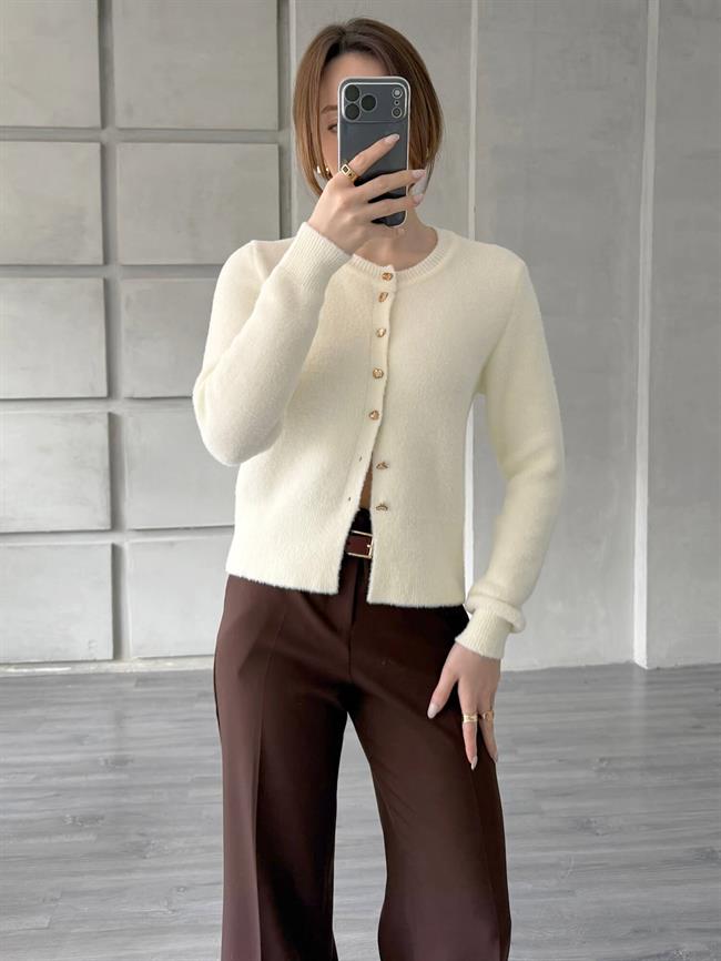 Desenli Düğmeli Yumuşak Hırka 7606 Vanilya