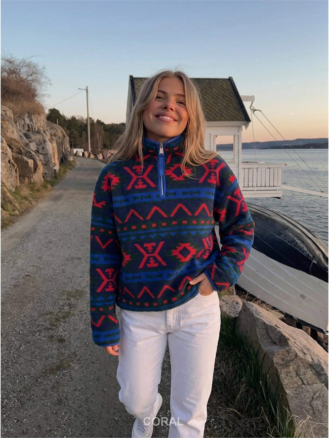 Desenli Fermuarlı Peluş Sweatshirt 6038 Mavi / Kırmızı