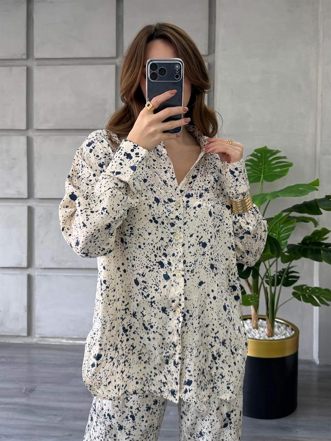 Desenli Gömlek Pantolon Takım 7121-1 Ekru - Lacivert