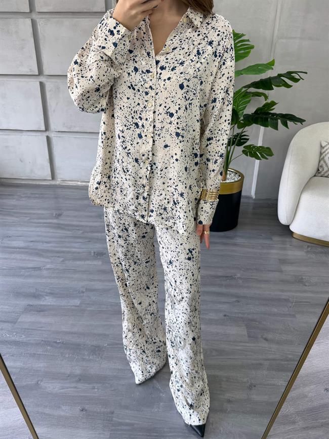 Desenli Gömlek Pantolon Takım 7121-1 Ekru - Lacivert