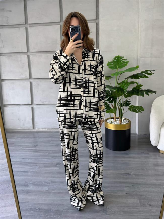 Desenli Gömlek Pantolon Takım 7121-1 Siyah Çizgili