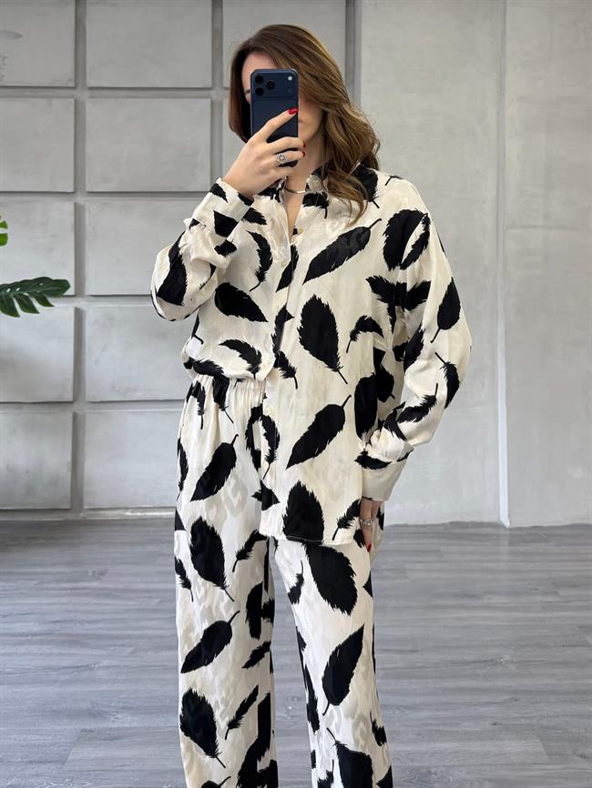 Desenli Gömlek Pantolon Takım 7121 Ekru - Siyah