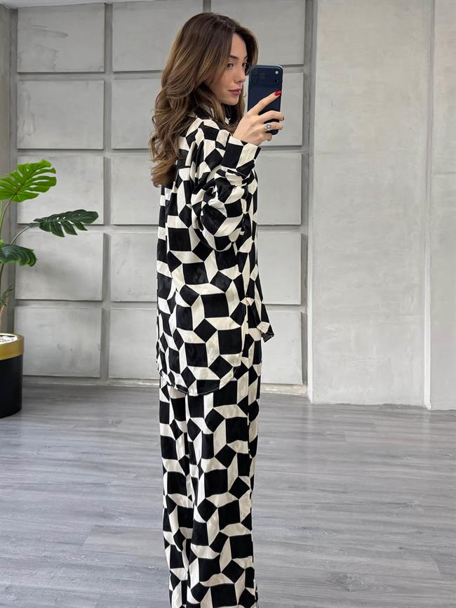 Desenli Gömlek Pantolon Takım 7121 Siyah - Ekru