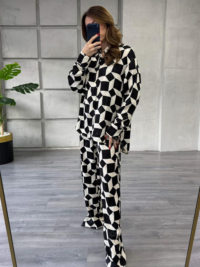 Desenli Gömlek Pantolon Takım 7121 Siyah - Ekru