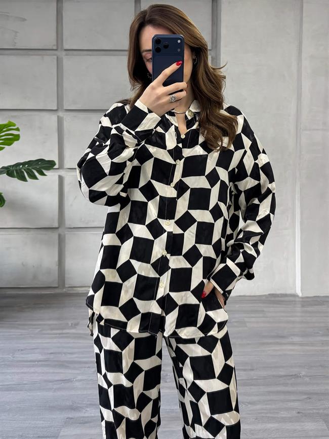 Desenli Gömlek Pantolon Takım 7121 Siyah - Ekru