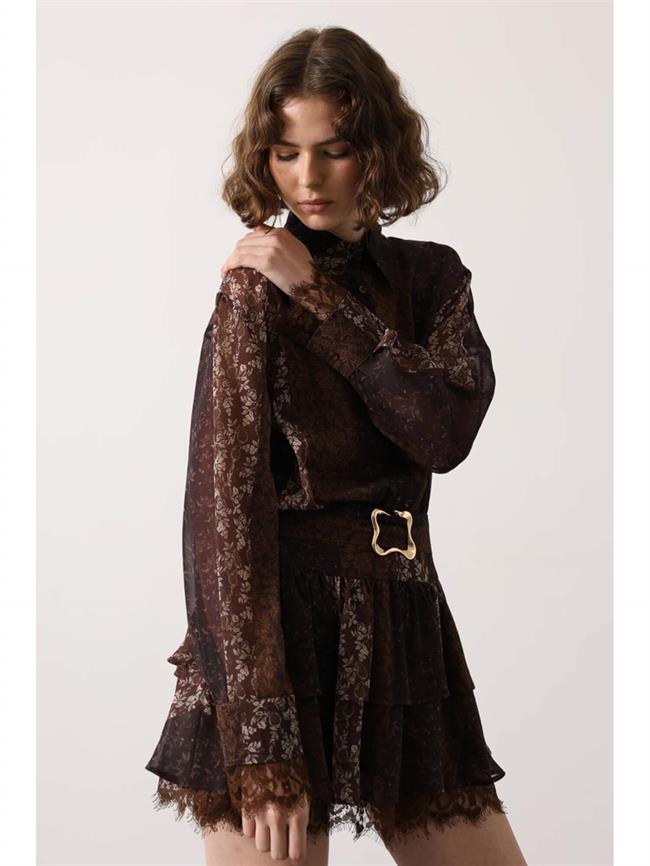 Desenli Kolları Dantelli Elbise 35539 Kahve