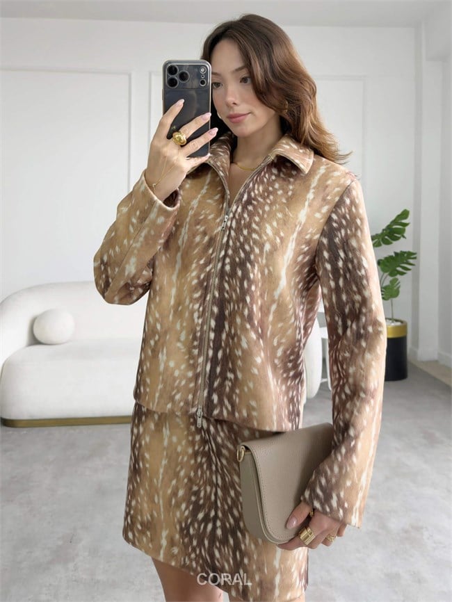 Desenli Tüylü Ceket 40221 Camel
