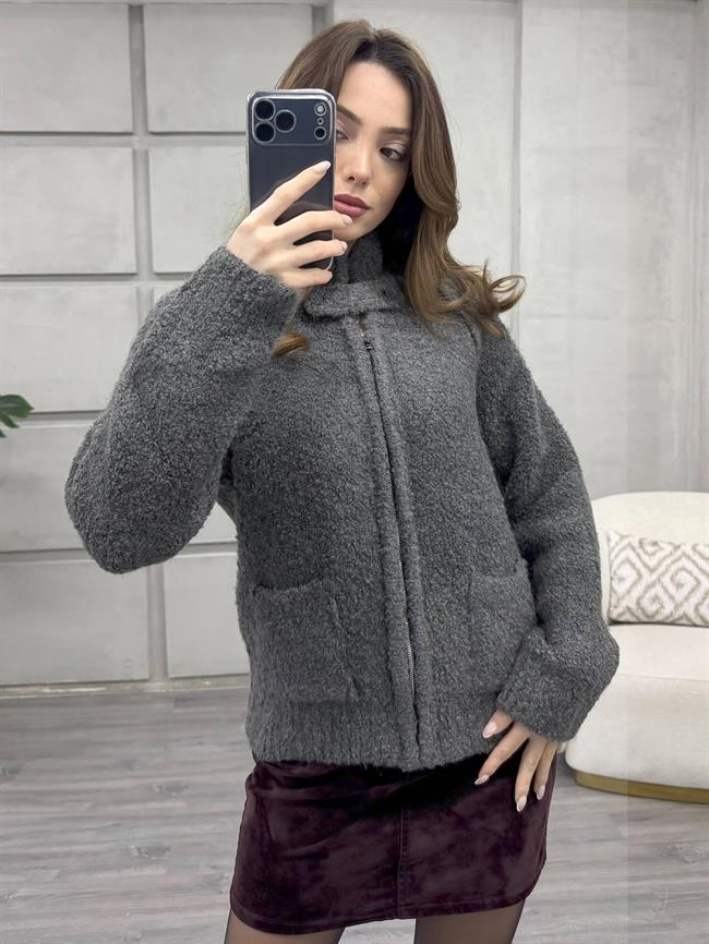 Dik Yaka Fermuarlı Peluş Hırka 3184 Gri