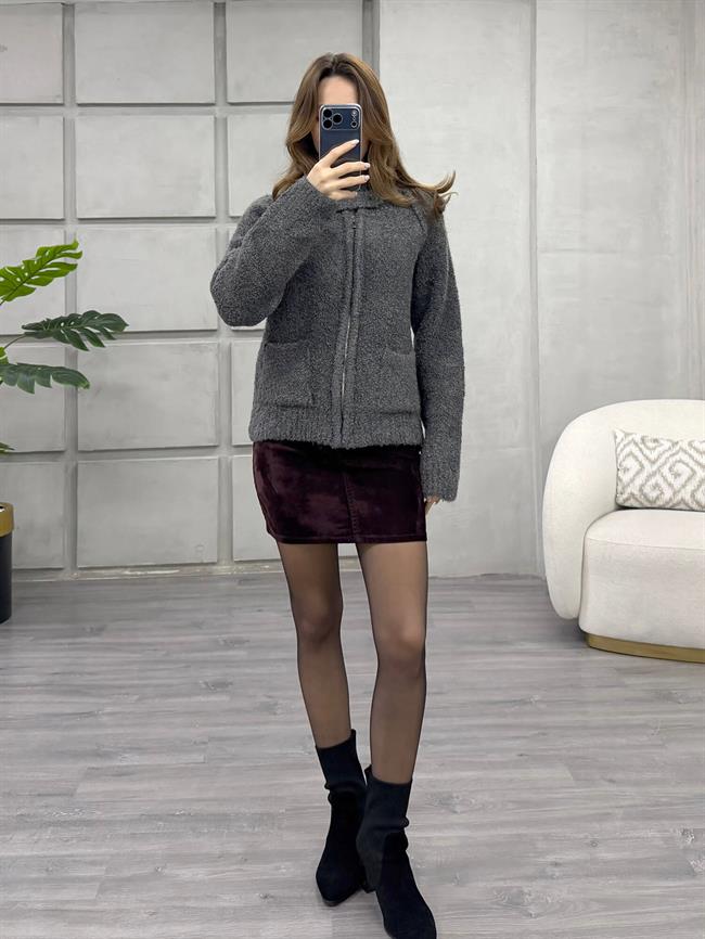 Dik Yaka Fermuarlı Peluş Hırka 3184 Gri