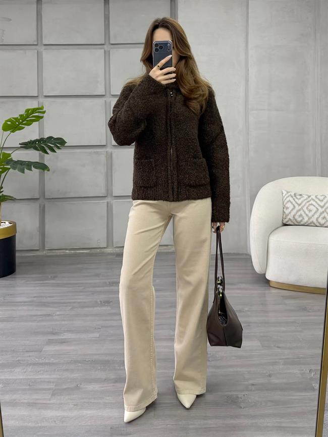 Dik Yaka Fermuarlı Peluş Hırka 3184 Kahve