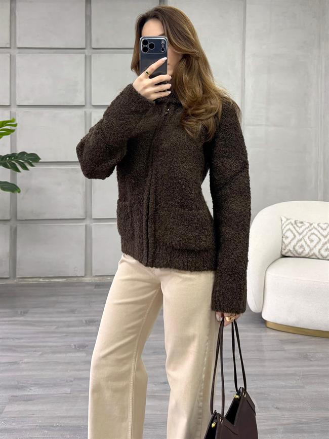 Dik Yaka Fermuarlı Peluş Hırka 3184 Kahve