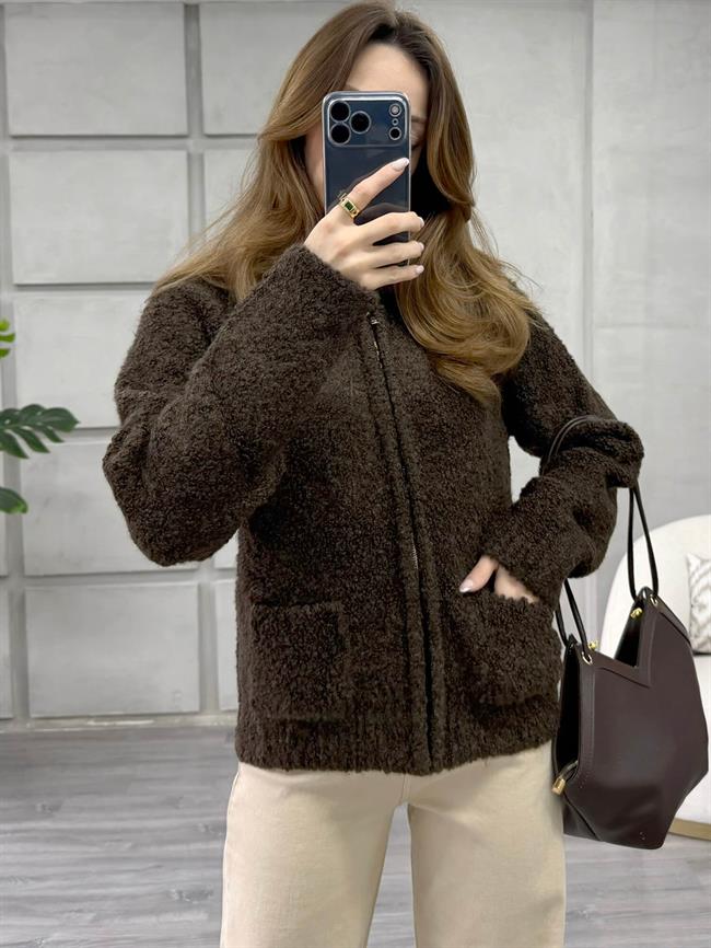 Dik Yaka Fermuarlı Peluş Hırka 3184 Kahve