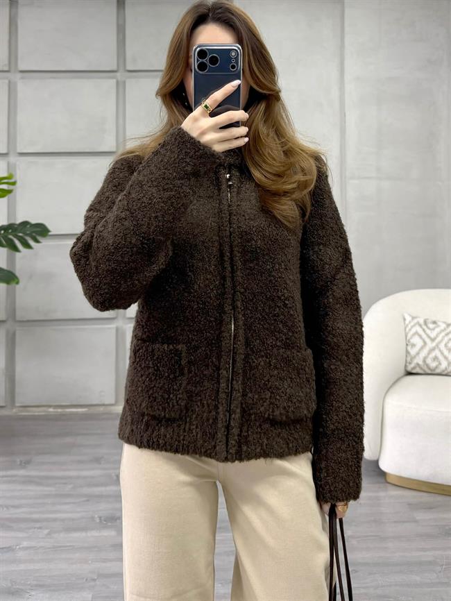 Dik Yaka Fermuarlı Peluş Hırka 3184 Kahve