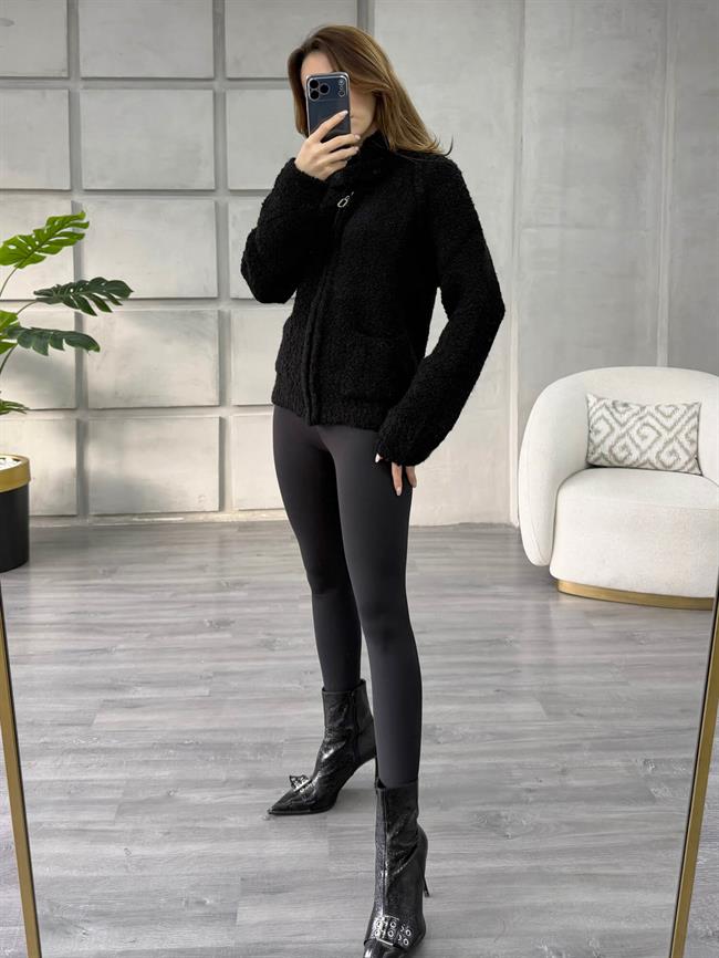 Dik Yaka Fermuarlı Peluş Hırka 3184 Siyah