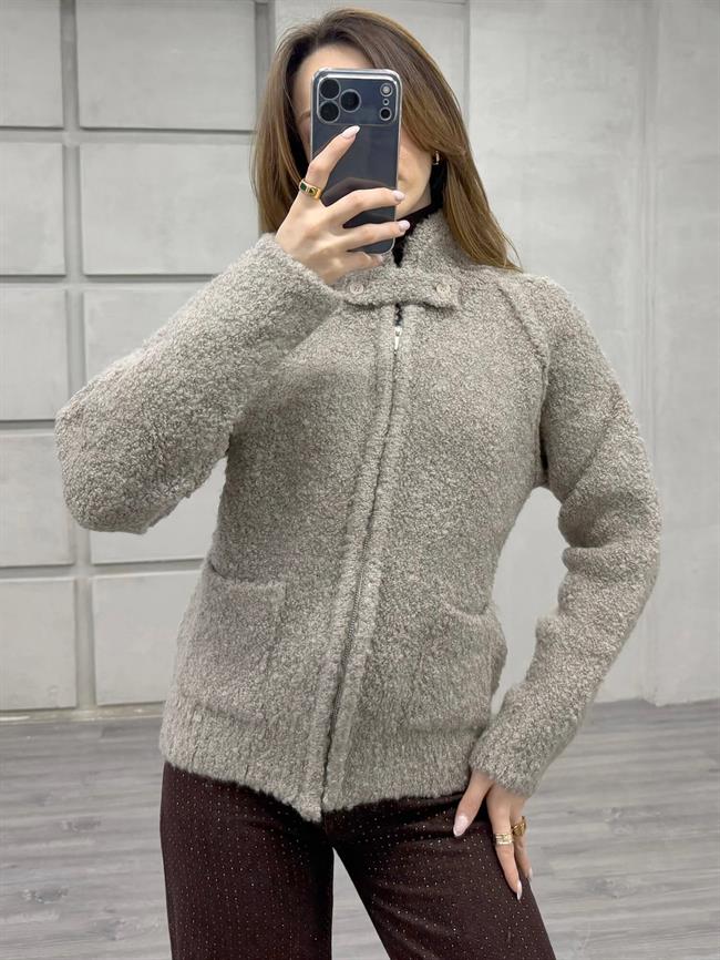 Dik Yaka Fermuarlı Peluş Hırka 3184 Vizon