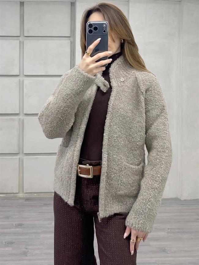 Dik Yaka Fermuarlı Peluş Hırka 3184 Vizon
