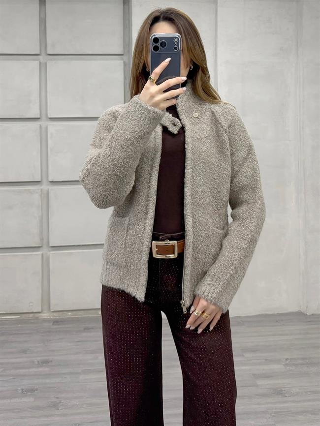 Dik Yaka Fermuarlı Peluş Hırka 3184 Vizon