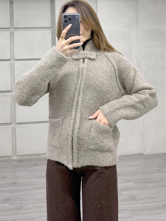 Dik Yaka Fermuarlı Peluş Hırka 3184 Vizon