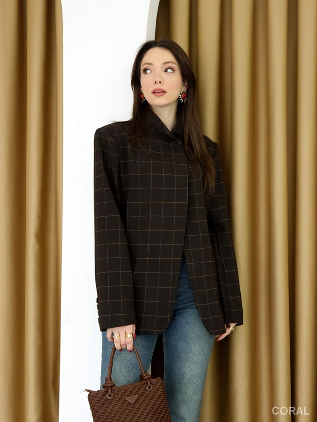 Dik Yaka Kareli Ceket 9731 Kahve