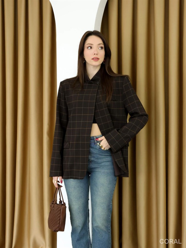 Dik Yaka Kareli Ceket 9731 Kahve