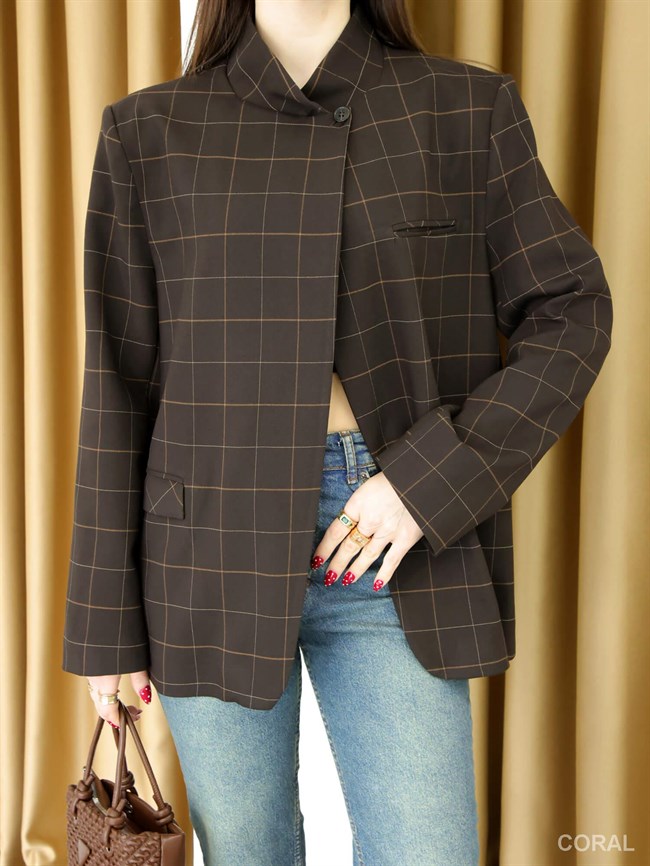 Dik Yaka Kareli Ceket 9731 Kahve