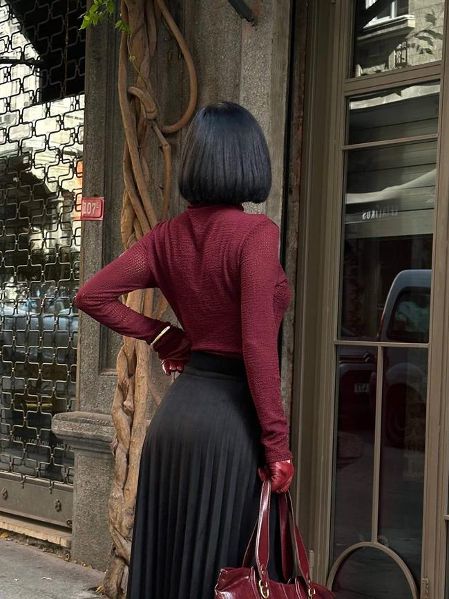 Dik Yaka Uzun Bluz 251131 Bordo