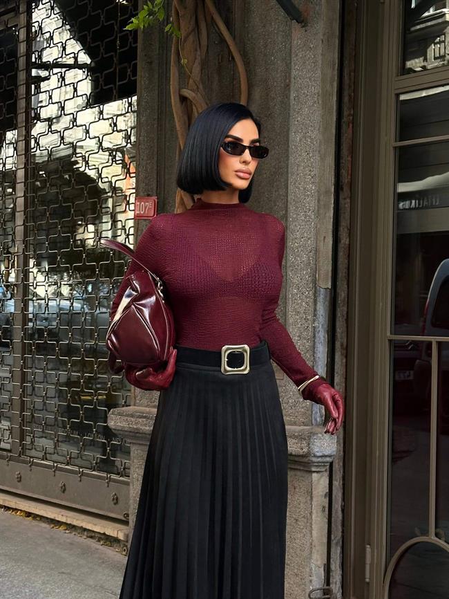 Dik Yaka Uzun Bluz 251131 Bordo