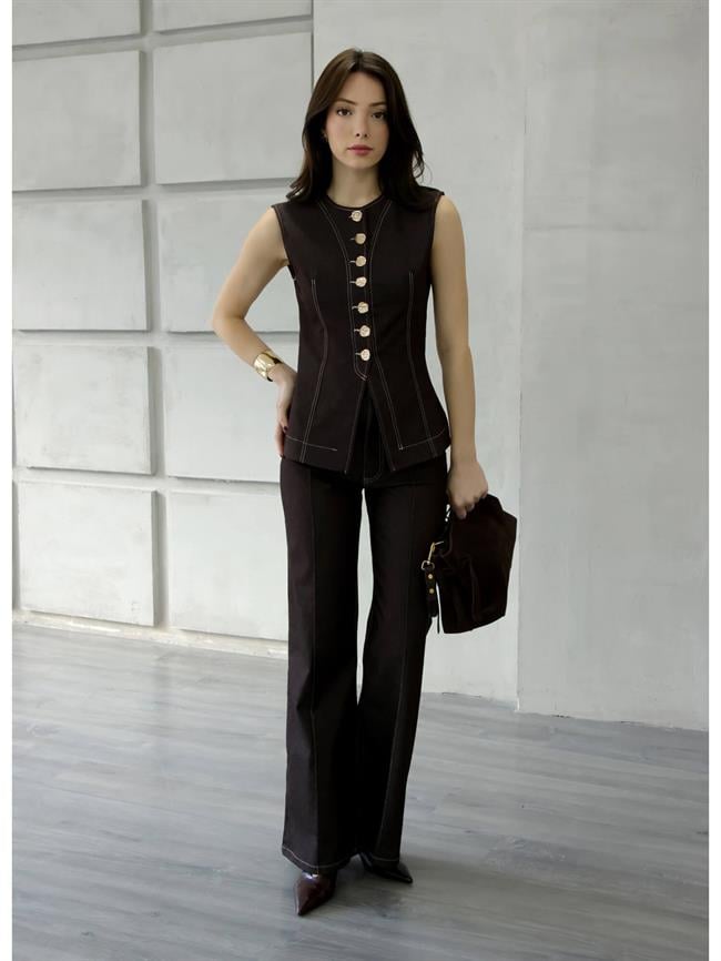 Dikiş Detaylı Çımalı Pantolon 18054 Kahve