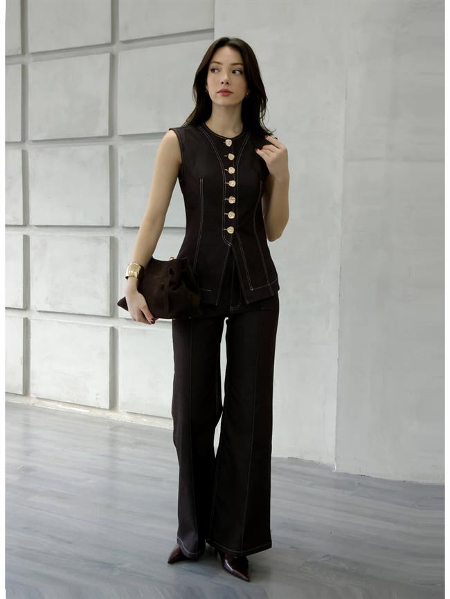 Dikiş Detaylı Yelek 18053 Kahve