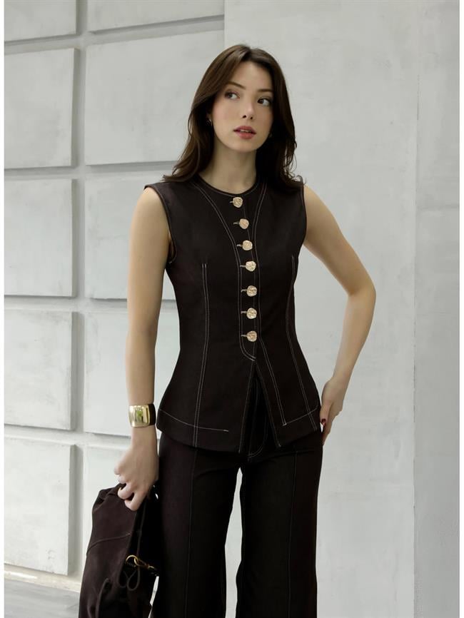 Dikiş Detaylı Yelek 18053 Kahve