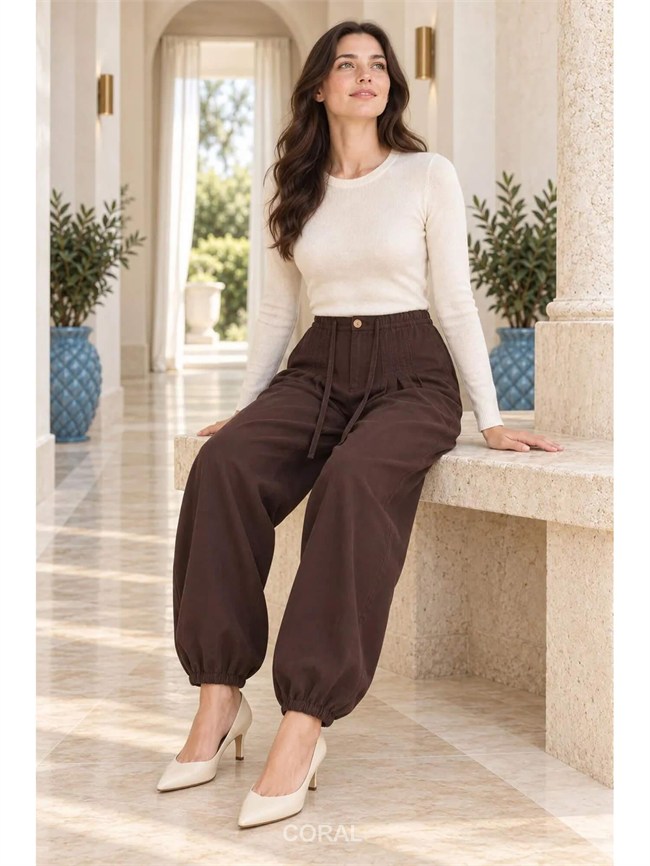Dikişli Şalvar Pantolon 7241 Beli Kahve