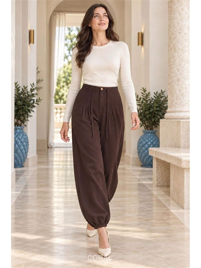 Dikişli Şalvar Pantolon 7241 Beli Kahve